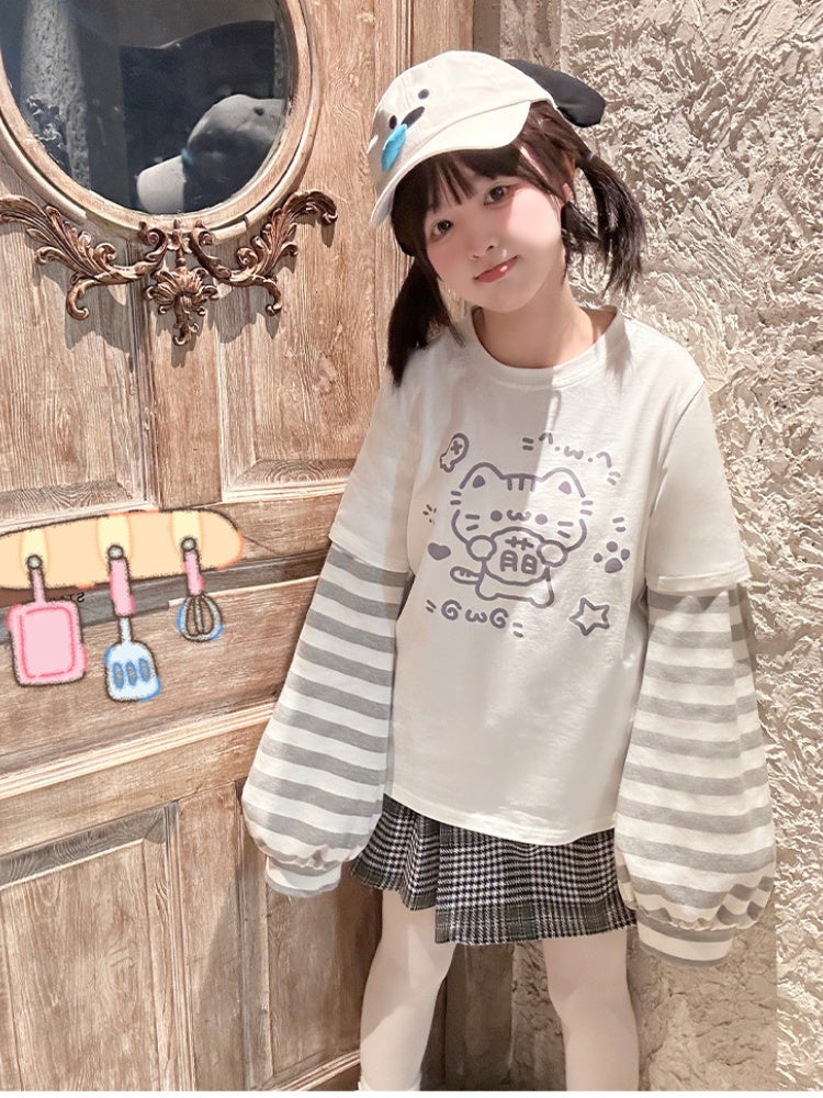 White Kitty Print Striped Long Sleeves T-shirt