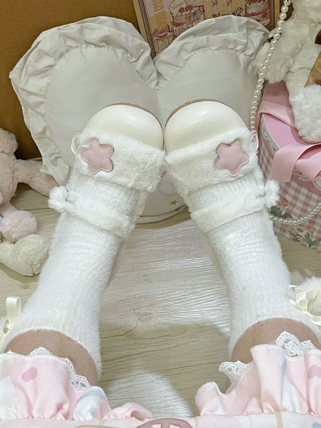 Accent Beige Lolita Plush Fleece-Lined Pink Star - Snap Flats Cozy Button