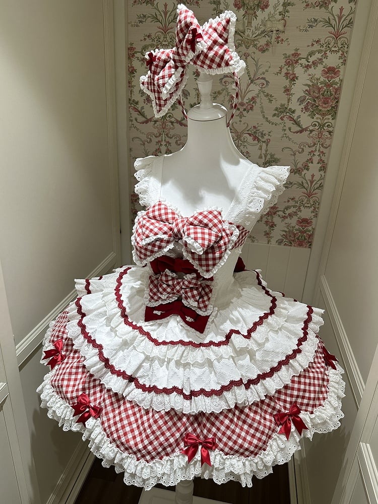 and Hem Scalloped Dress Edge with Sweet Skirt Pattern Lolita Gingham Tiered White Trim Red