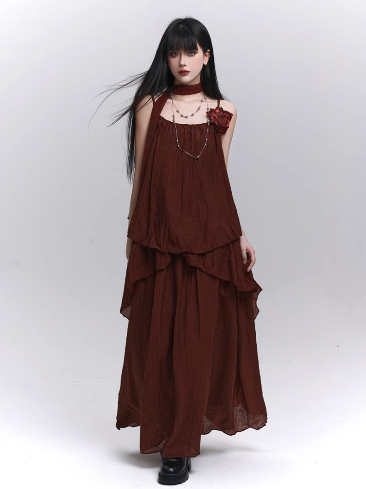 with Scarf Embellished Wine Red Floral / Cami Top