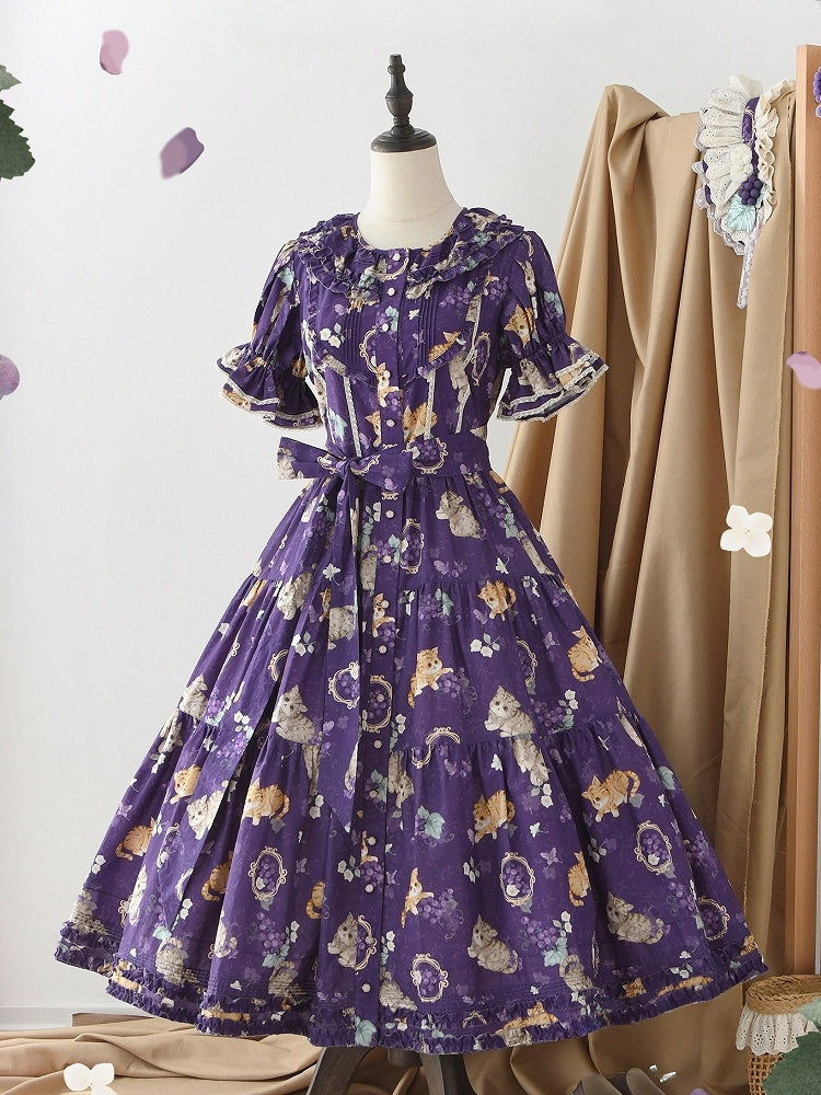 Short Grape Kitty Sleeves Print One Pink Dress Lolita and Piece House Purple Fashion