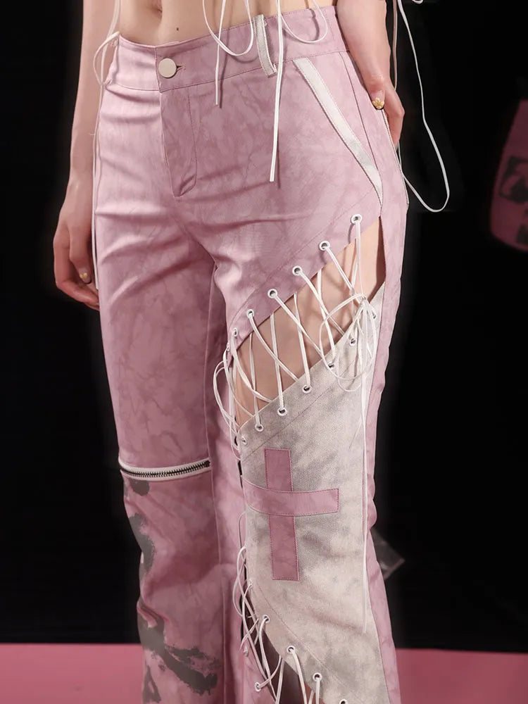 Asymmetrical Flared Detail Pink Pants Lace-up Dusty