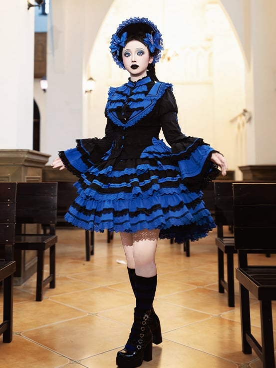 Layered Lolita Gothic Blue Waist Skirt High Black Klein and Corset