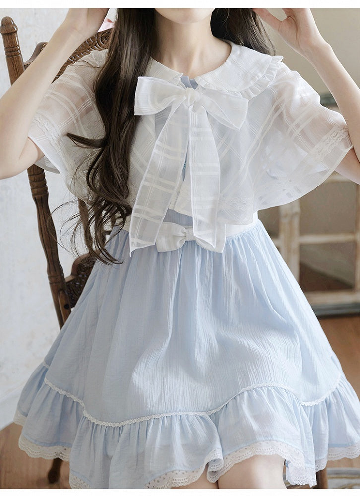 Jirai Kei Light Blue Peter Pan Collar Cape Design Faux Two-pieces Dress