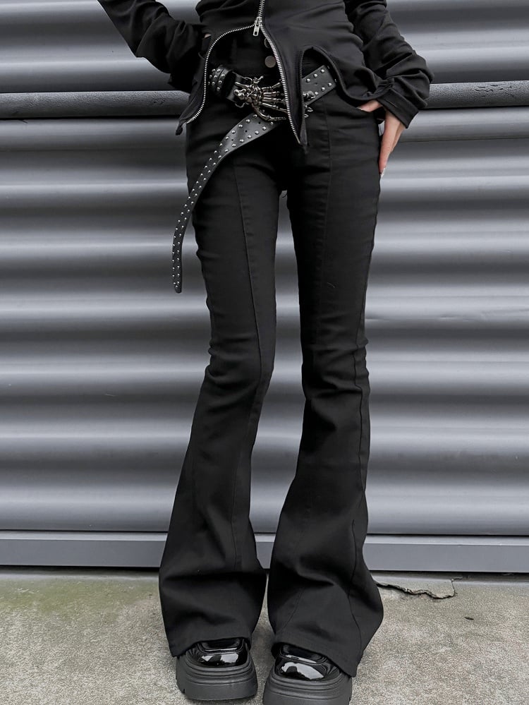 Punk-schwarze Slim-Fit-Hose mit Fischschwanz und hoher Taille mit Gürtel mit Skeletthand-Schnalle
