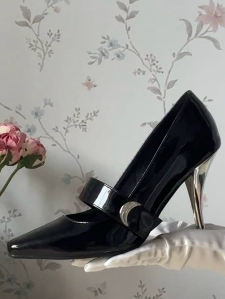Velcro Accent - Black High Closures Heels Elegant Toe Moon Pointed Strap