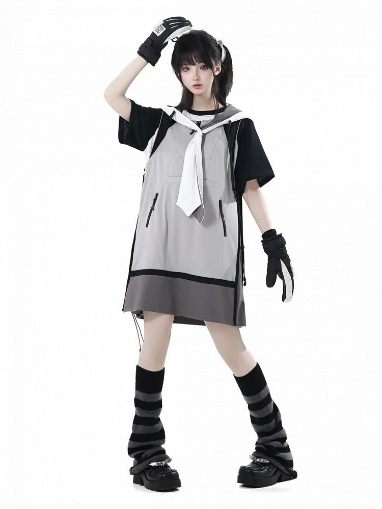Dress Side Techwear Kapuzenweste Grau Colorblock Design Kordelzug