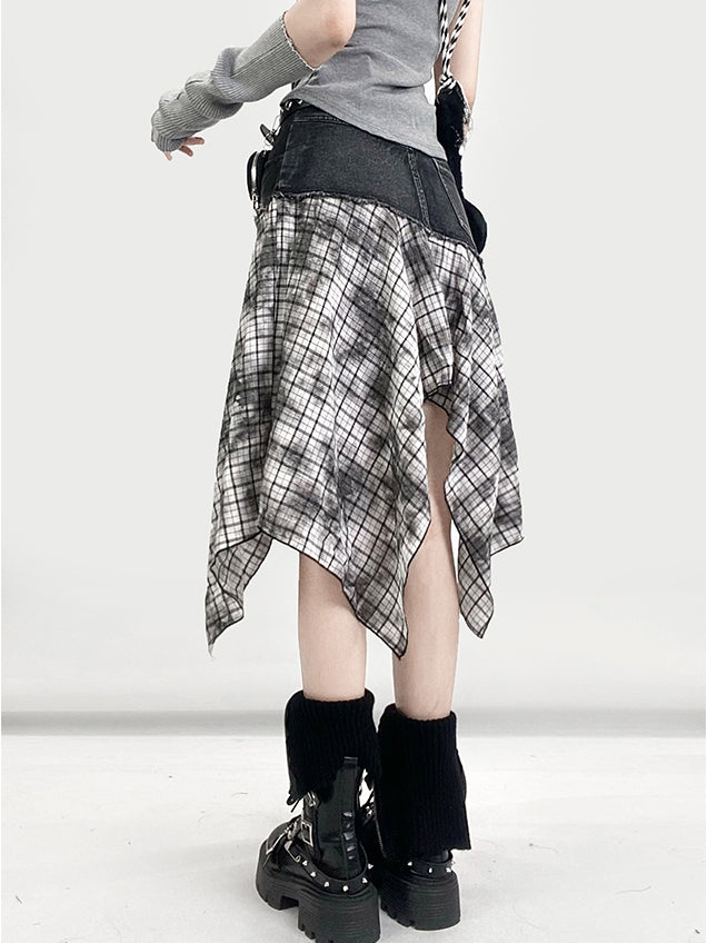 Plaid Handkerchief BlackWhite Y2K Pattern Skirt Hem