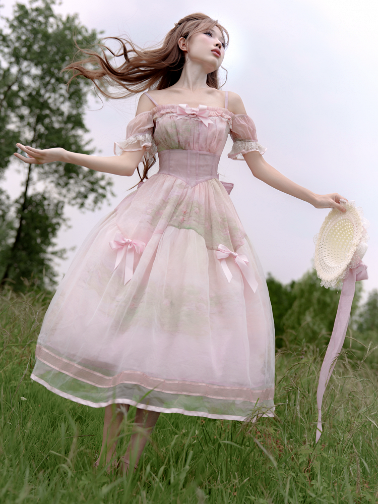 Painting Dress with Organza Overlay Oil Pink Water Lily Print Basque Waist Light