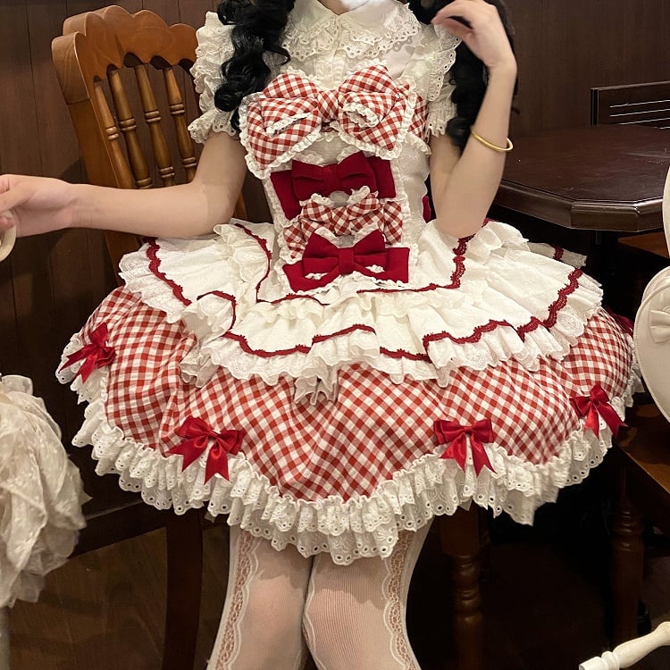 and Hem Scalloped Dress Edge with Sweet Skirt Pattern Lolita Gingham Tiered White Trim Red