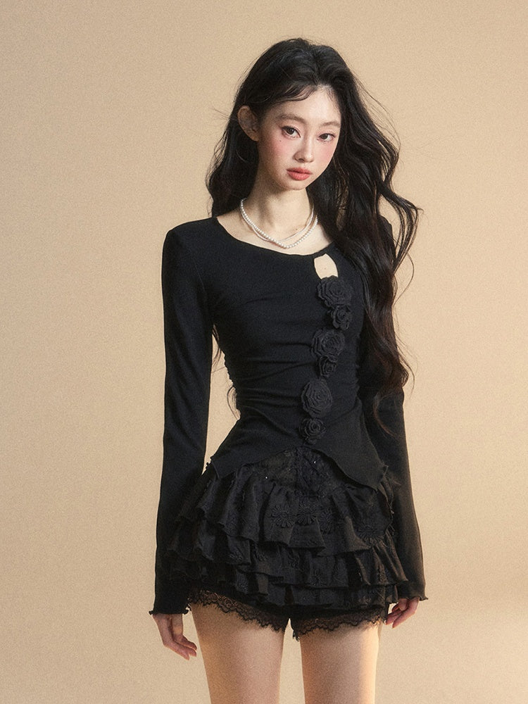 Round Glamorous Detail Black Knitted Neck Floral Embellished Cutout Top