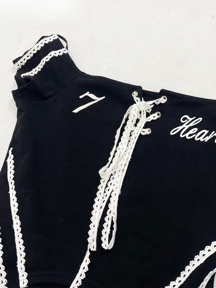Black Bittersweet Neckline Top With Lace-Up Detail And Letter Print Off-the-shoulder Kawaii