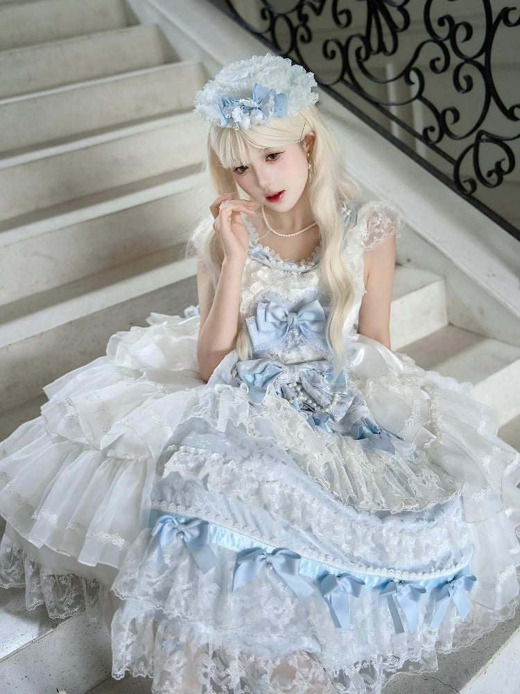 Bows and Skirt Decoration Dress Full Tiered Set Hanayome Blue White Lolita JSK Hime