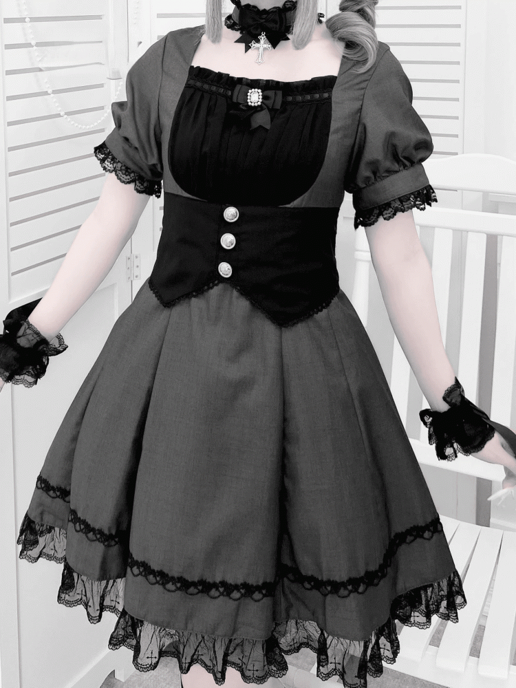 Corset Belt Design Puff Set- Trim Sleeves Kei and Dress Gray Full Black Lace Jirai
