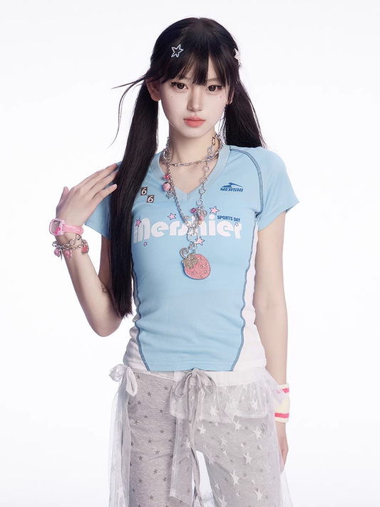 Vネック スリムフィットTシャツ ブルー&ホワイト カラーブロックデザイン