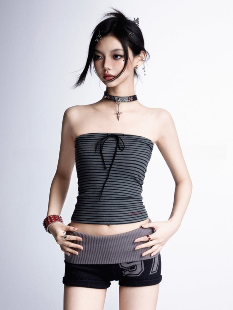 Strapless/Sleeveless Top and Gray Stripes Glamorous Cropped Black