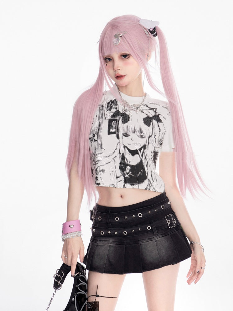 Straps Mini Pleated Denim Skirt Waist Studded Buckle Black Low