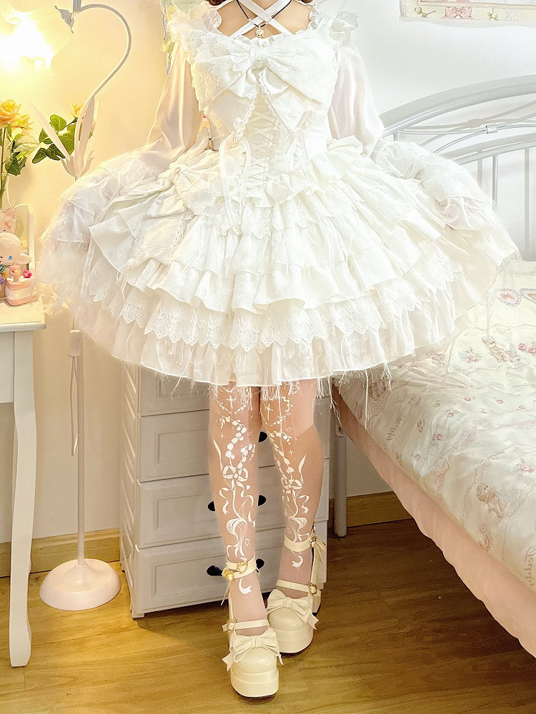 Tights Gothic Lily of the Valley and Cross Print Shiro Lolita