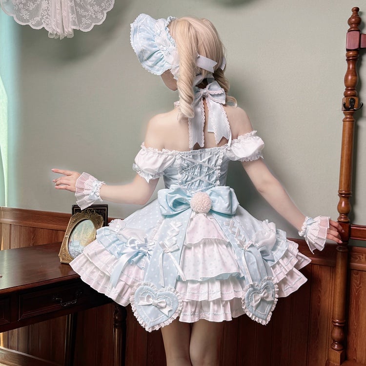 Gepunktetes blaues Lolita-Kleid mit altem Neckholder und Schulärmeln, vielseitiges Polka-Kleid mit Puffärmeln