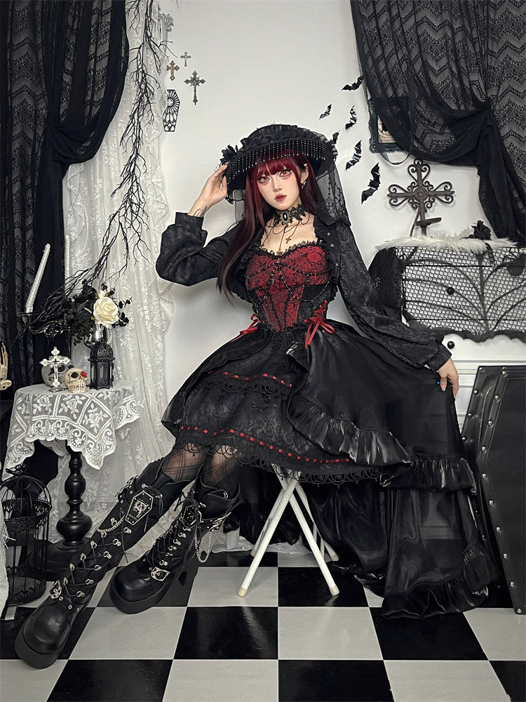 Schwarz-rote Rosenperlenkette Gothic Lolita Puffy Kleid Pulloverrock