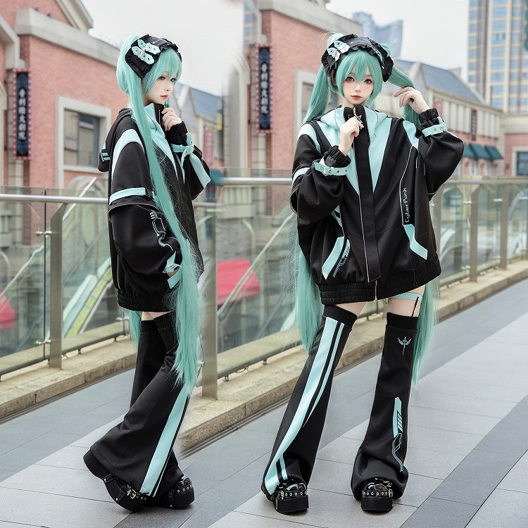 Schwarzes und grünes Cyberpunk-Jirai-Kei-Outfit – Kapuzenjacke, Shorts, Beinwärmer, Kopfbedeckung, komplettes Set