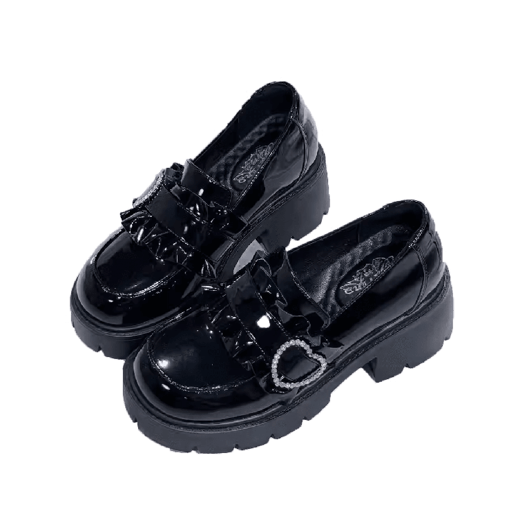 Kei Schwarze Schuhe Loafer Sweetheart Plateau 6,5 cm mit Absatz Poliert Jirai Chunky Perlen