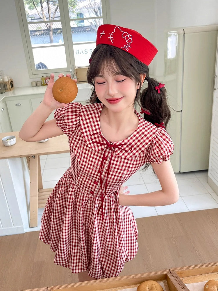 Skirt Plaid Sleeves Bubble Red Peter Pan Collar Puff Dress