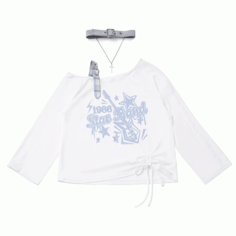 Blue/Black Free with Choker Guitar Print Asymmetrical Neckline Coverup