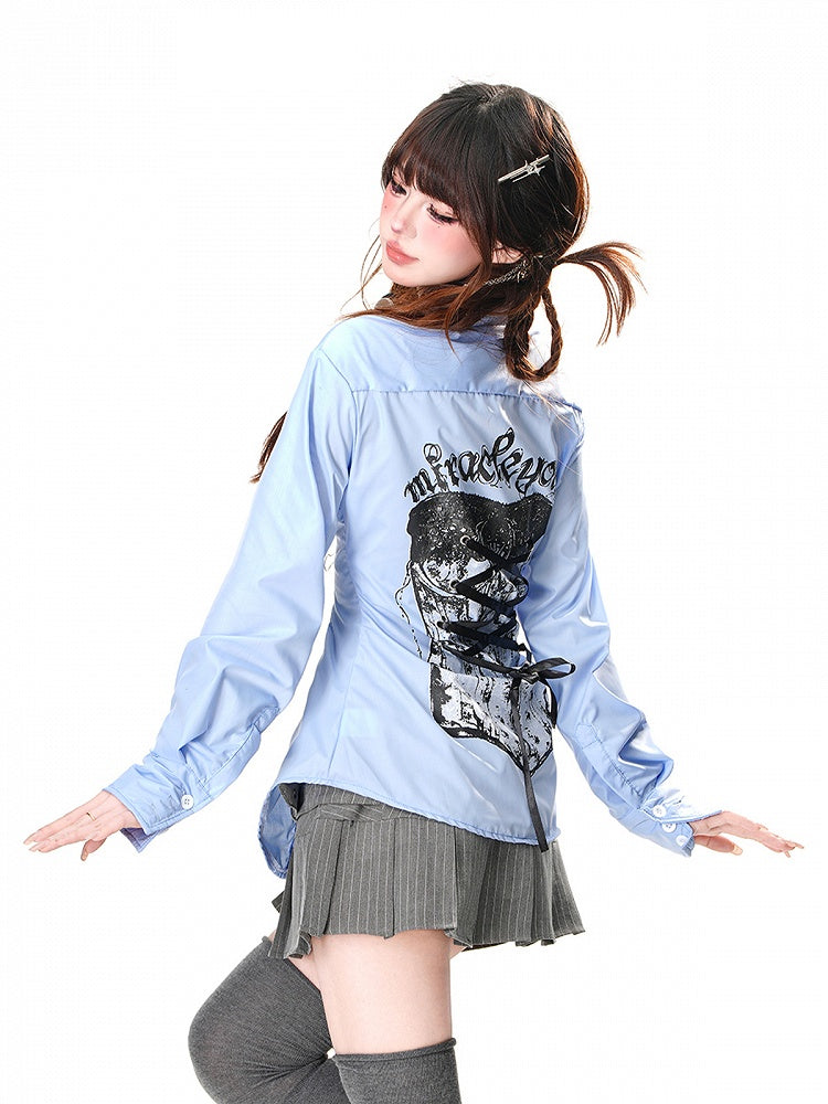 Back at White/Blue with Lace-up Detail Cross Chain Print Shirt