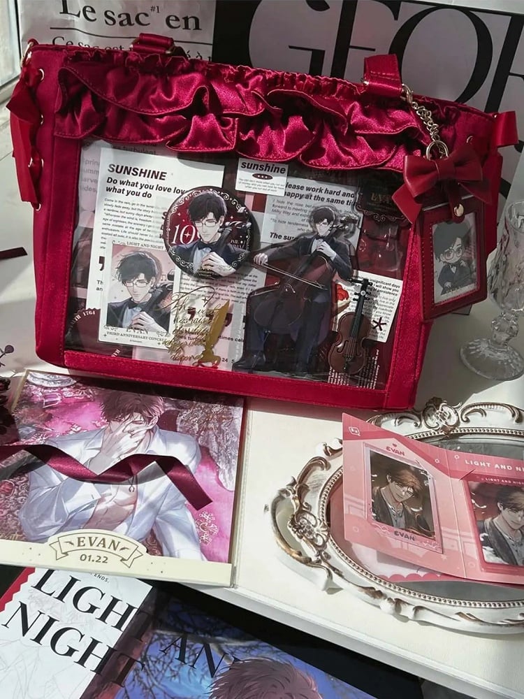 Red Wine Ruffle Card Satin Self-tie Trims With Straps Bow Holder Bag Ita