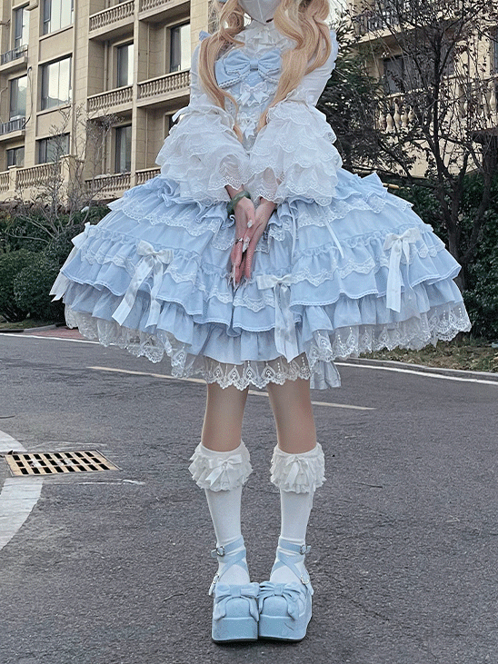 Skirt Sleeves Dress Lace-up Waist Lace Trim Blue Flutter Old School Lolita Cotton Jumper