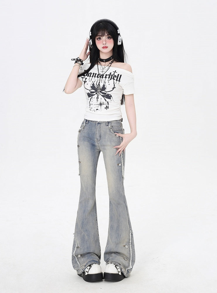 Raw Hem Vintage Flared Jeans Glamorous Blue