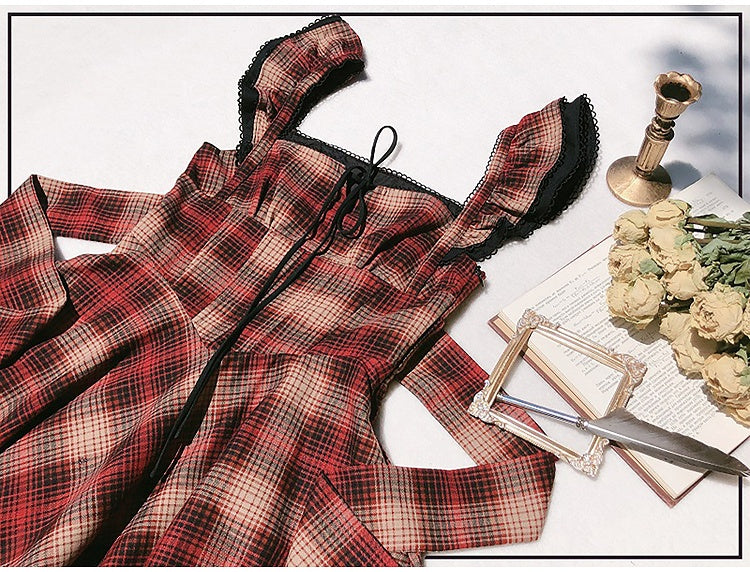 Pattern Plaid Waist Dress Red Basque
