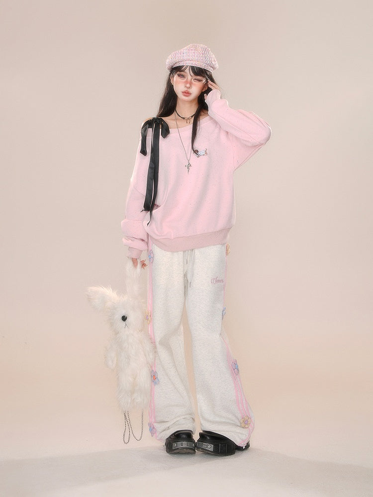 Design Straight-leg Floral Gray/Pink Cut Pants
