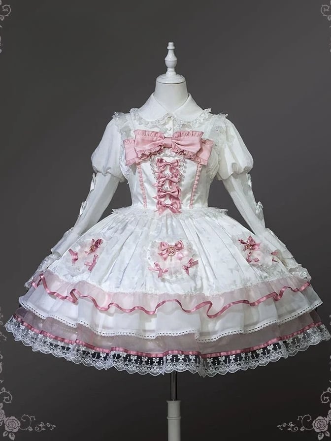 白とピンクの蝶結びディテールのティアードスカート、スイートロリータドレス、ジャンパースカート