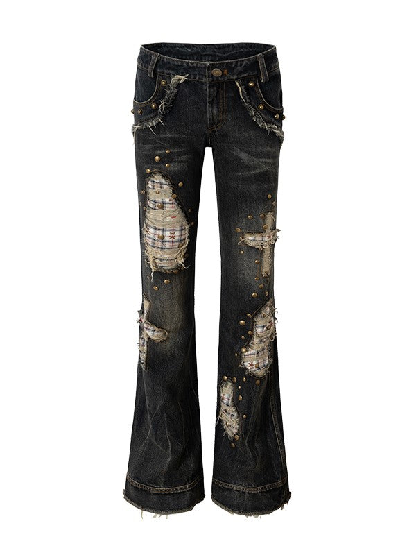 Plaid Distressed Patches Jeans Hem Punk with Frayed Black Wash Cross