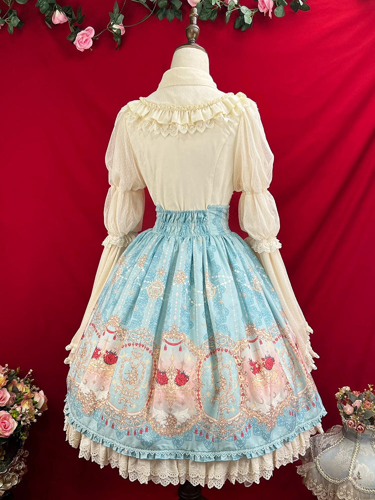 Blauer eleganter Lolita-Rock mit Korsettgürtel und hoher Taille und Blumen- und Mond-Print