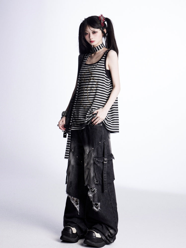 with Free Black and Gray Stripes Studded Cross Vintage Scarf Tank Top