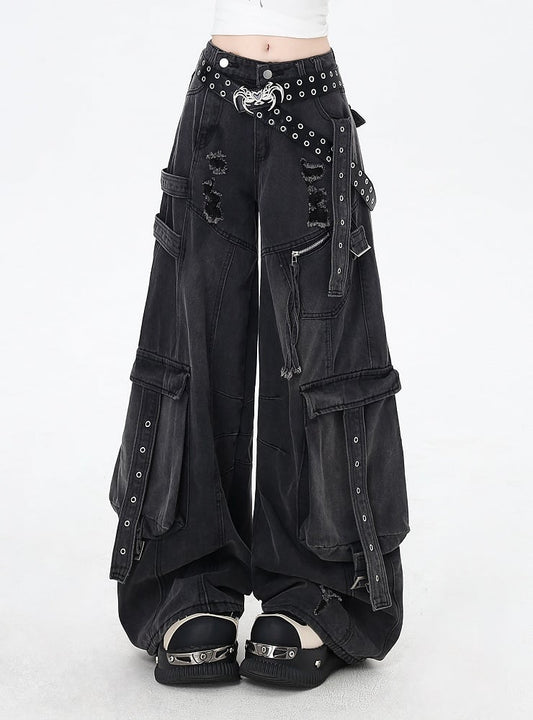 Black Jeans Wide-leg Cargo Rise Distressed Holes Low