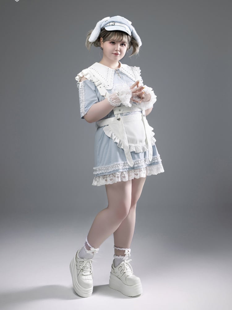 Blue Pointed Flat Collar Cutout Shoulder Lace Trim Jirai Kei Dress Light