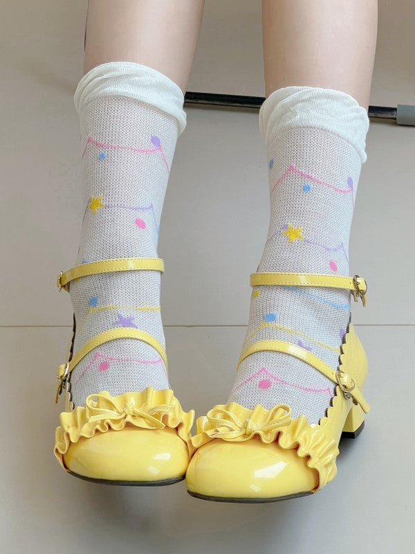 With White/Beige Polka-dot Socks Calf Pattern Star And Hollow-out