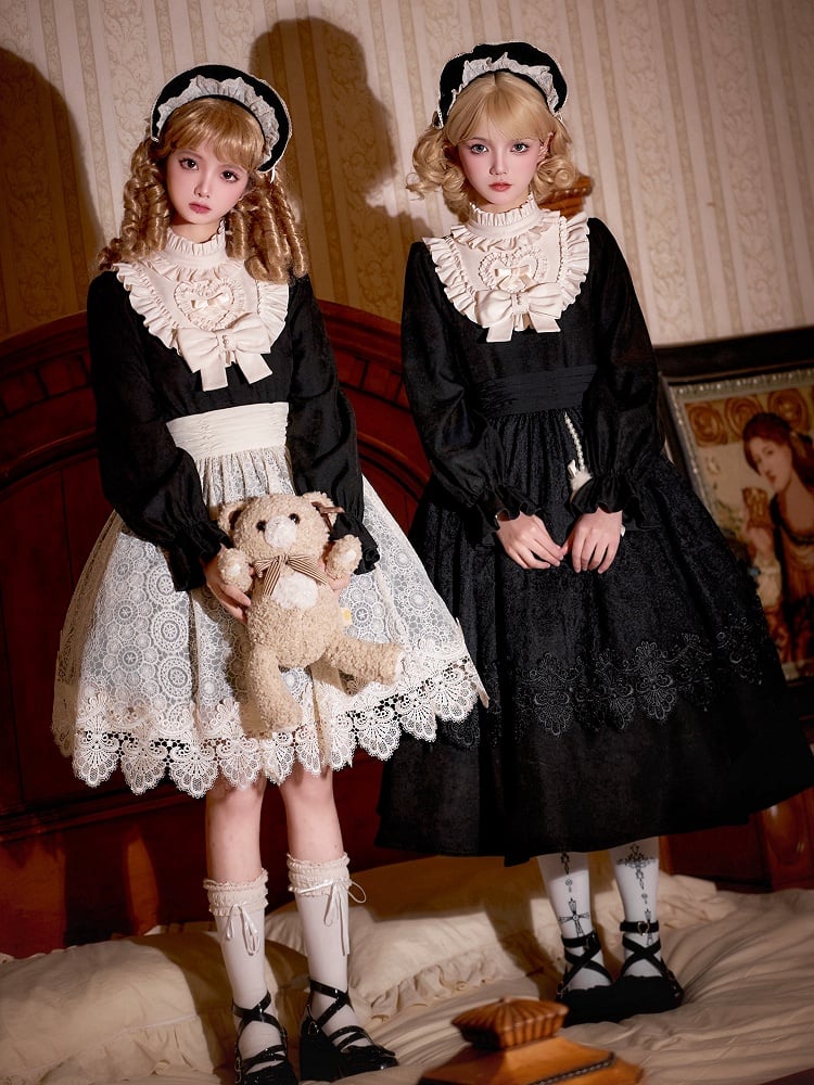 Beige Ruffle Neckline Black High Waist Long Balloon Sleeves Lolita Dress Short Version