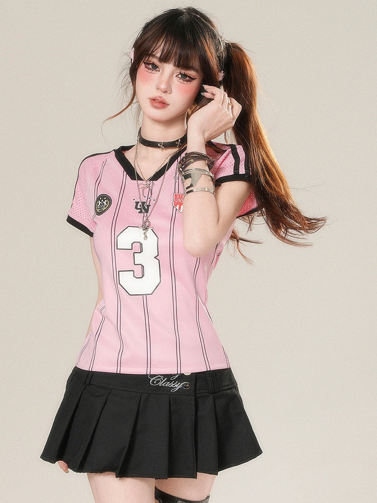 Glamorous T-shirt Print Number Striped Pattern V-neck Pink