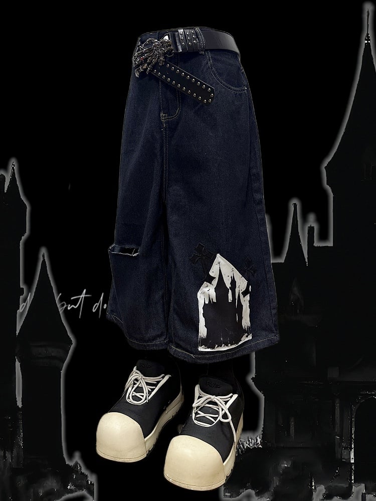 Shorts mit Kreuzapplikation, dunkelblau, Distressed-Löcher, weites Bein, Cargo, Y2K
