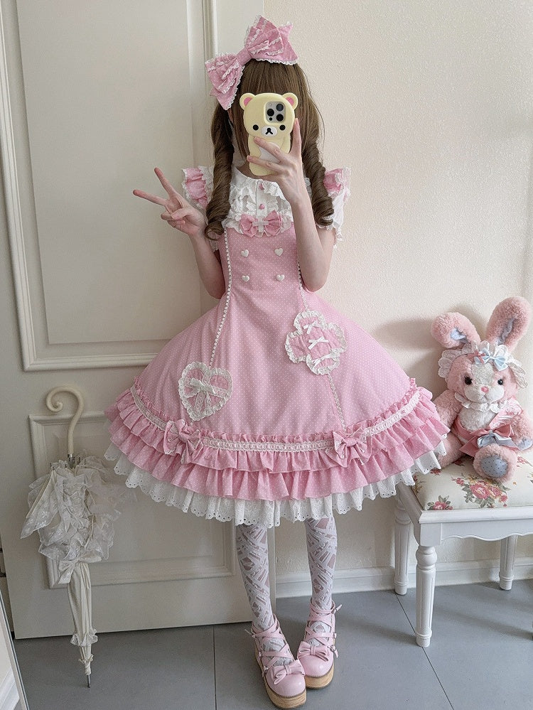Pink Ruffle Lolita Dress Nurse Hemline Polka-dot Layered Pattern