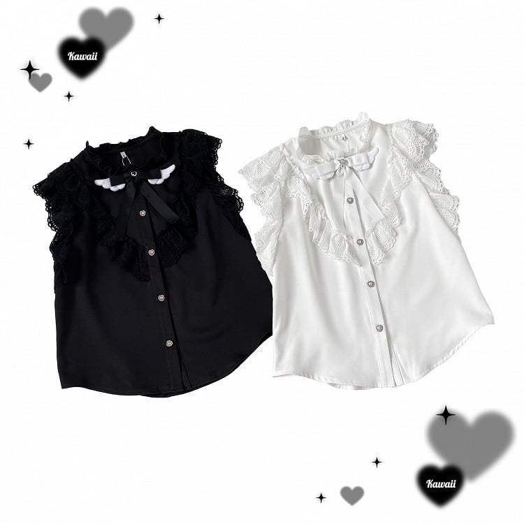 Ärmel Bow Kei und Flatter mit Krawatte Jirai Herzförmige Trim Bluse Schwarz/Weiß Flügelspitze