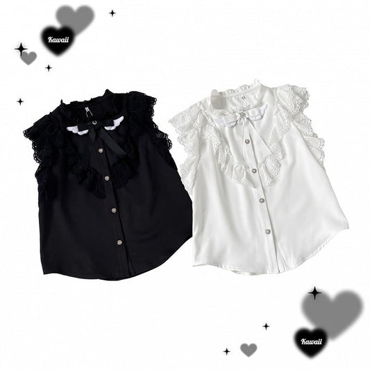 Ärmel Bow Kei und Flatter mit Krawatte Jirai Herzförmige Trim Bluse Schwarz/Weiß Flügelspitze