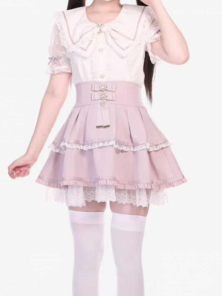 Bluse mit rosa-weißen Schleifen und Kronenbrosche Jirai Kei Schleifenkragen