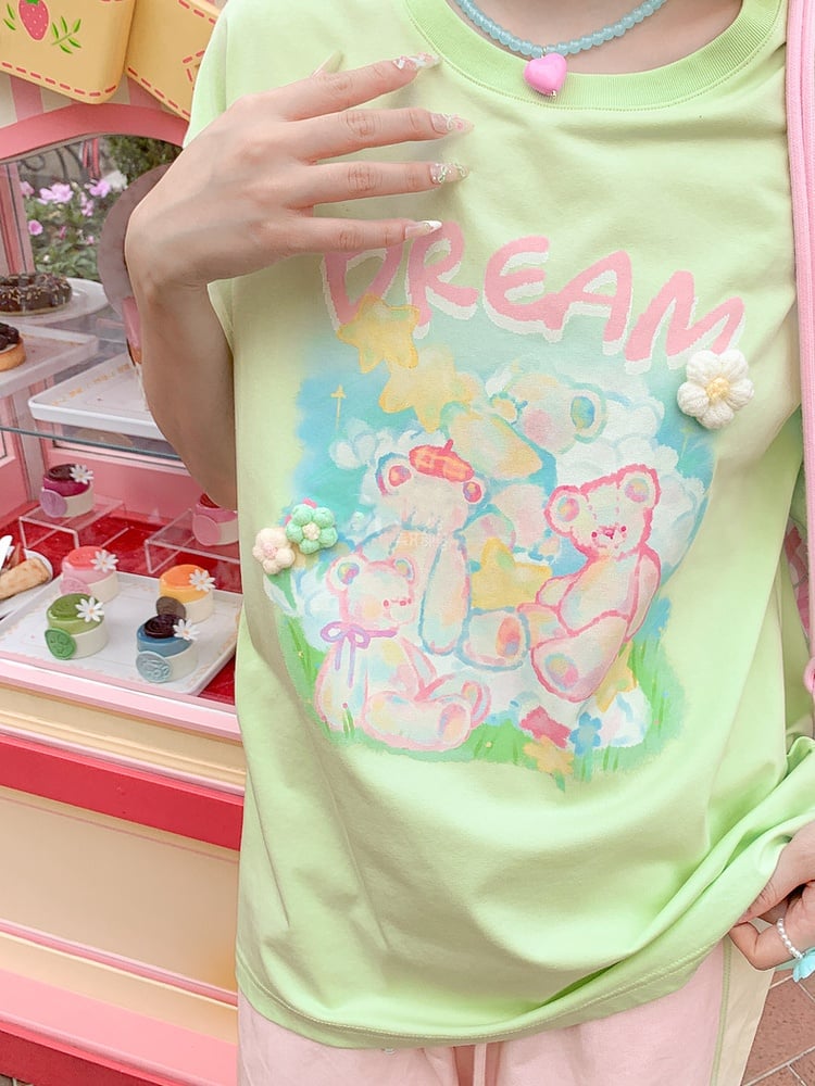 Lockeres T-Shirt Akzente Grün Rundhals Teddybär Print Strick Blumen