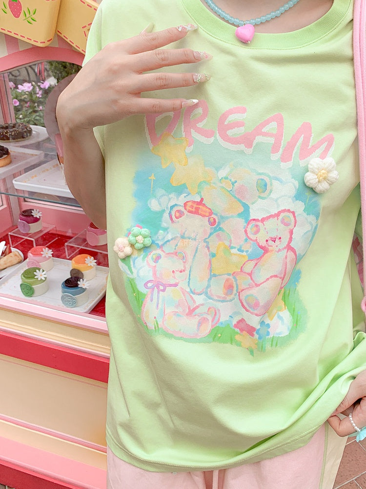 Akzente Grün Rundhals Teddybär Print Strick Lose T-shirt Floral